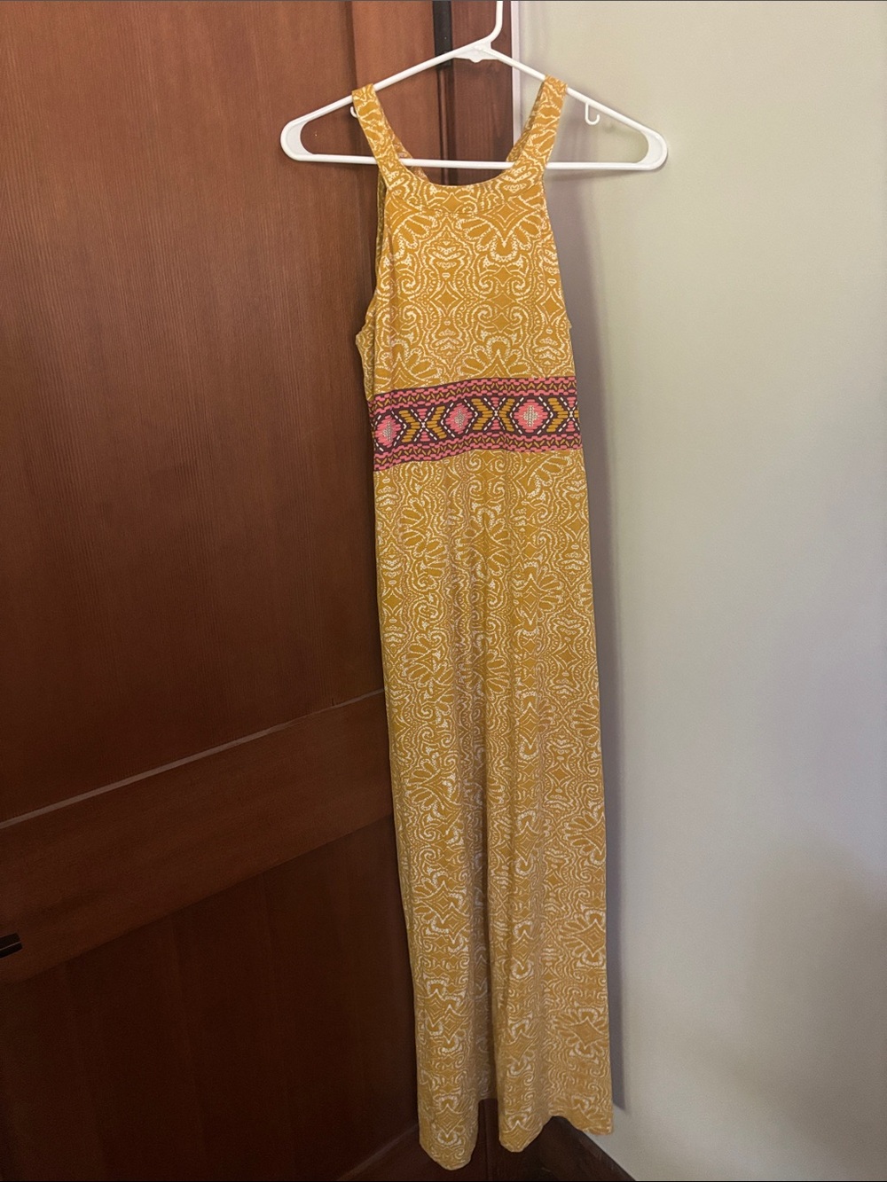 Prana Yellow Maxi Dress with Pink Accent Waistband